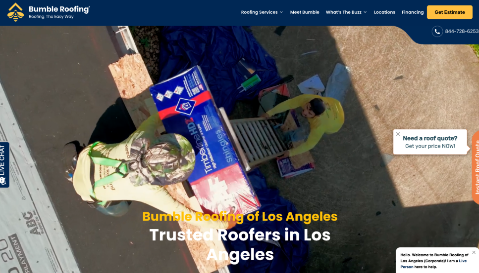 Bumble Roofing of Los Angeles website homepage. 