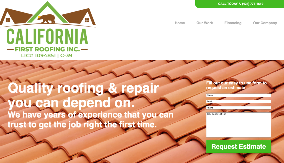 California First Roofing website homepage. 