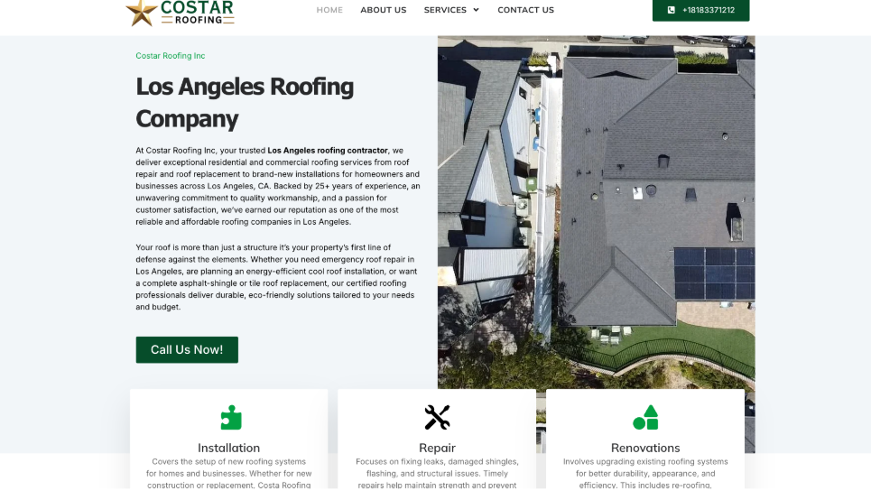 Costar Roofing Inc website homepage. 