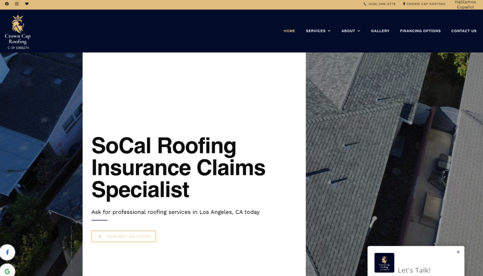 Crown Cap Roofing website homepage. 