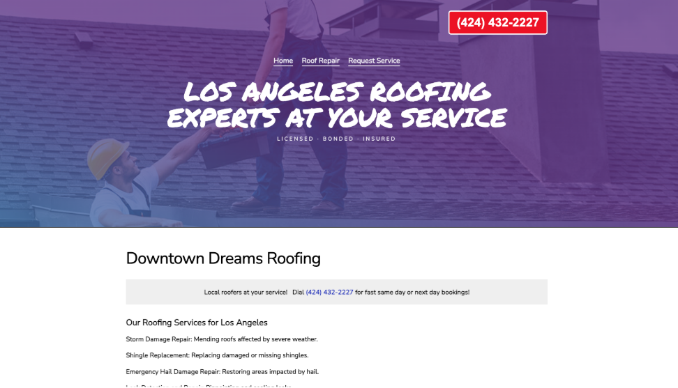 Downtown Dreams Roofing website homepage. 