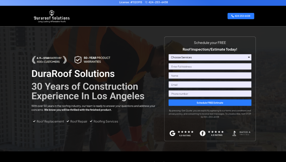 DuraRoof Solutions website homepage. 