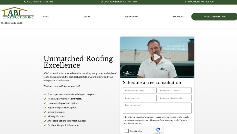 ABI Construction Inc website homepage. 