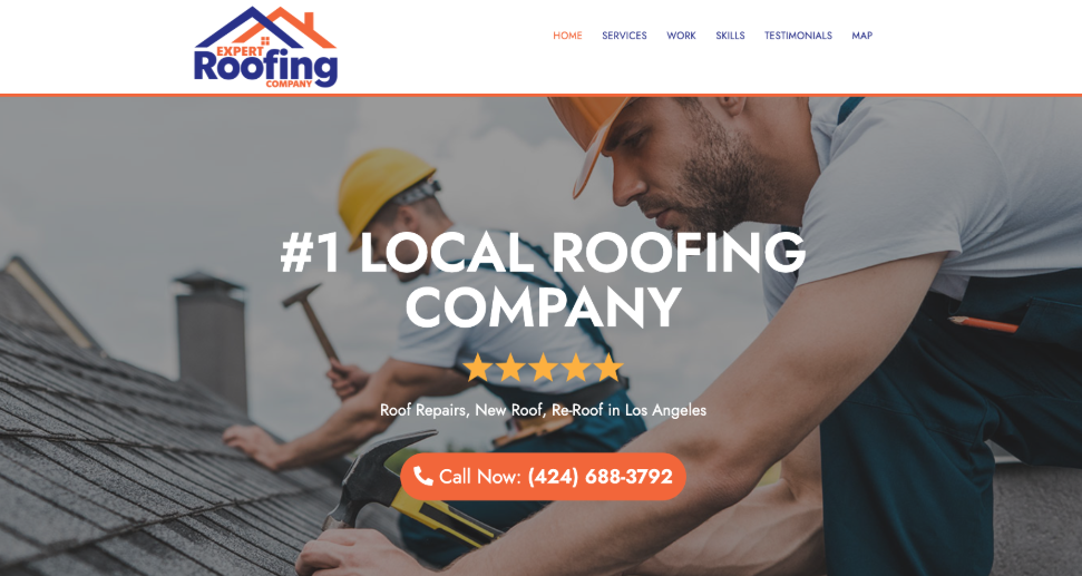 Expert Roofing Company website homepage. 