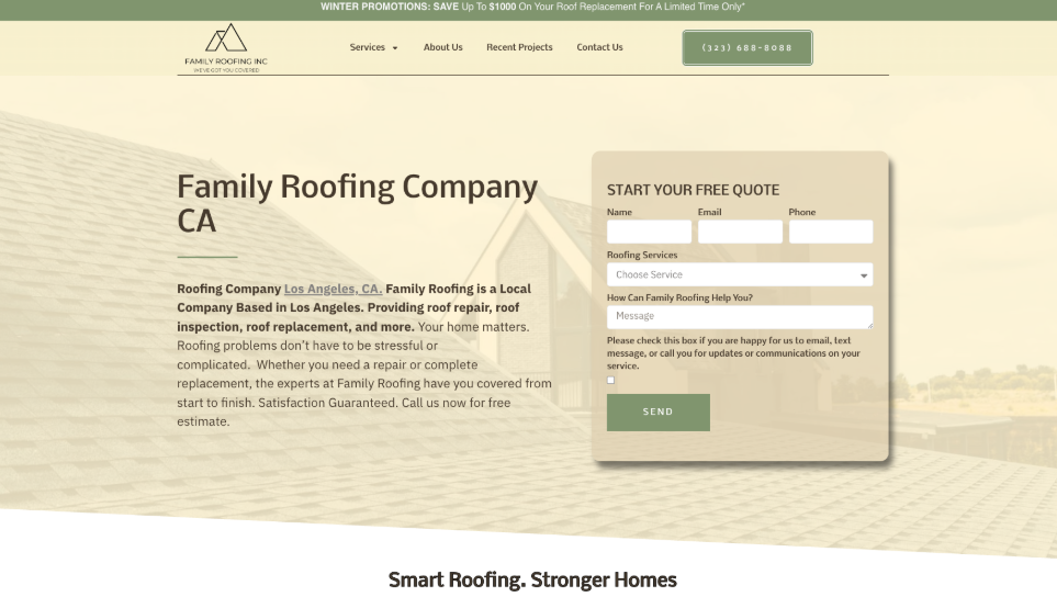 Family Roofing Inc. website homepage. 