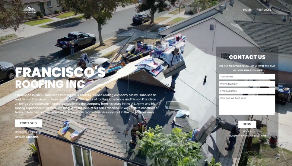 Francisco's Roofing Inc. website homepage. 
