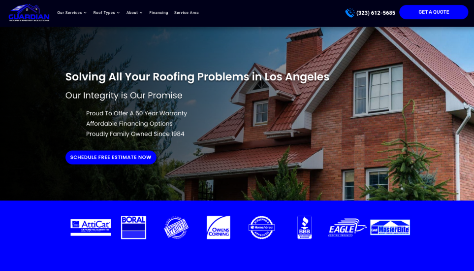 Guardian Roofs website homepage. 