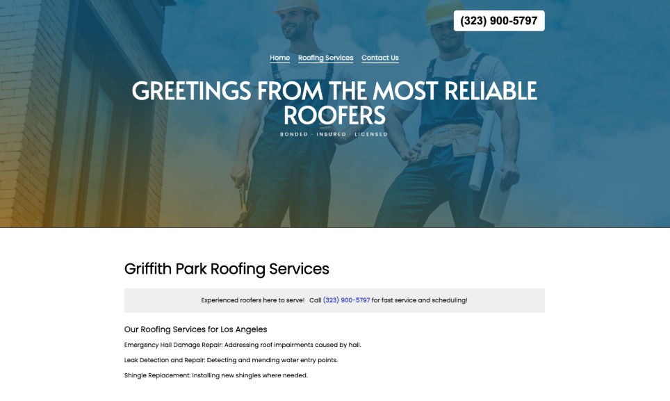 Griffith Park Roofing Services website homepage. 