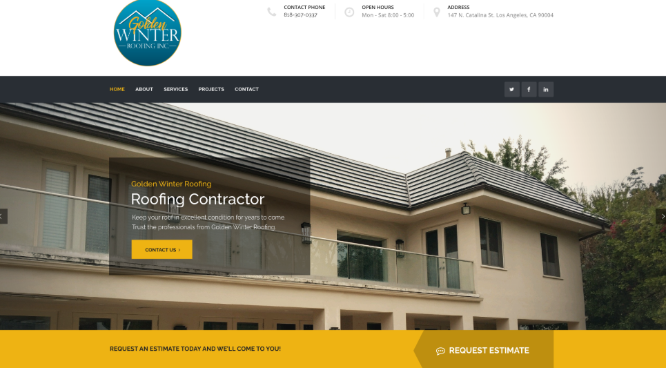 Golden Winter Roofing website homepage. 
