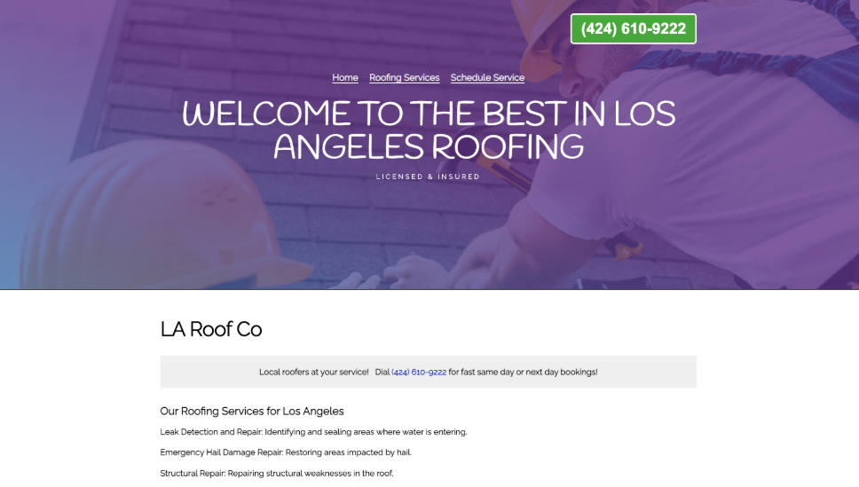 LA Roof Co. website homepage. 