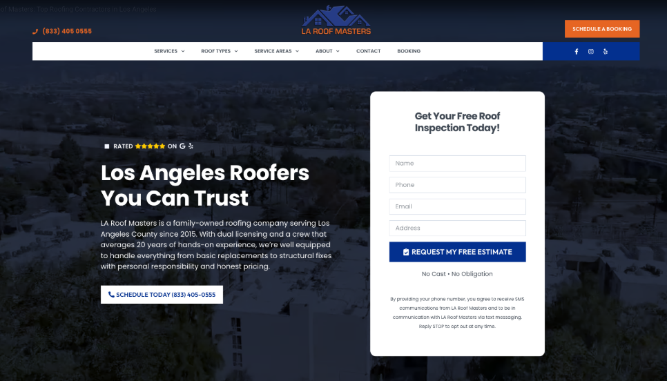 LA Roof Masters Hollywood website homepage. 