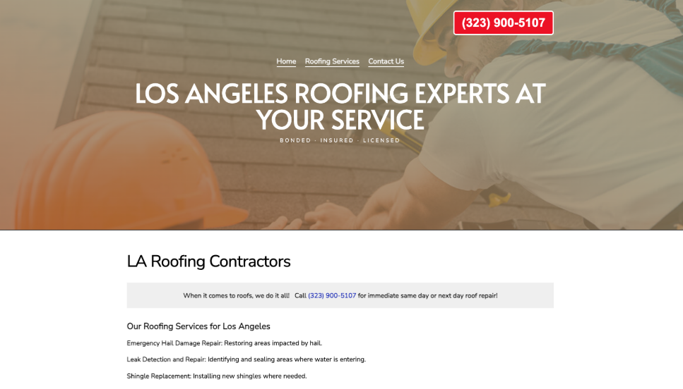 LA Roofing Contractors website homepage. 