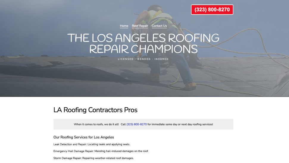 LA Roofing Contractors Pros website homepage. 