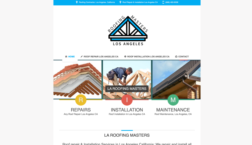 LA Roofing Masters website homepage. 