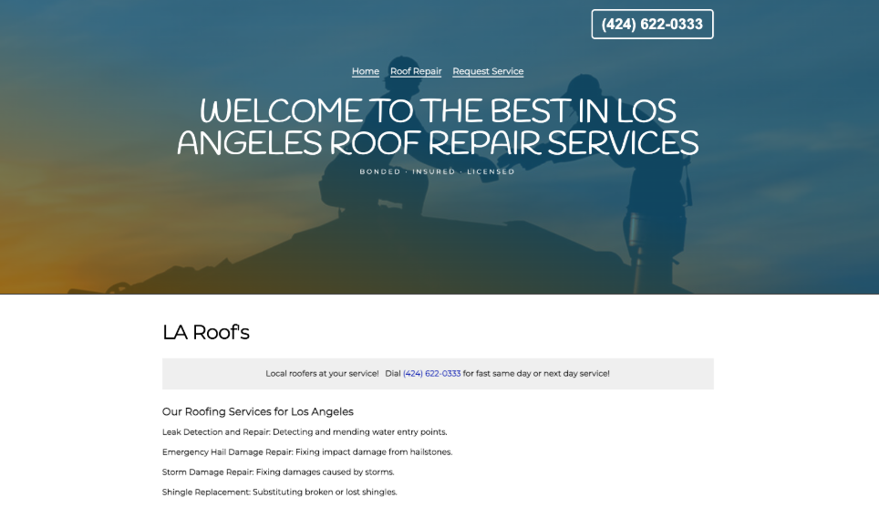 LA Roofing Specialists website homepage. 