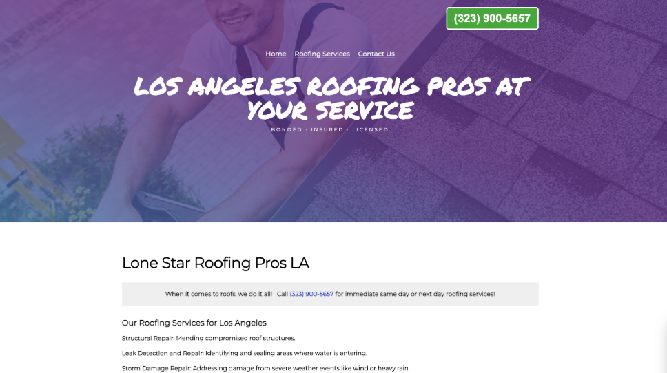 Lone Star Roofing Pros LA website homepage. 