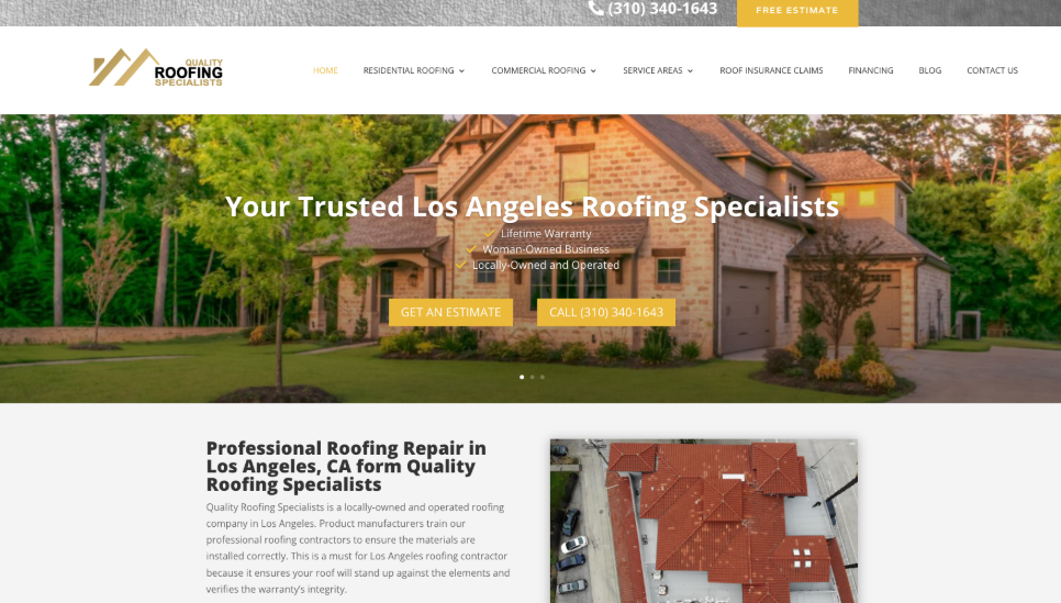 Quality Roofing Specialists website homepage. 