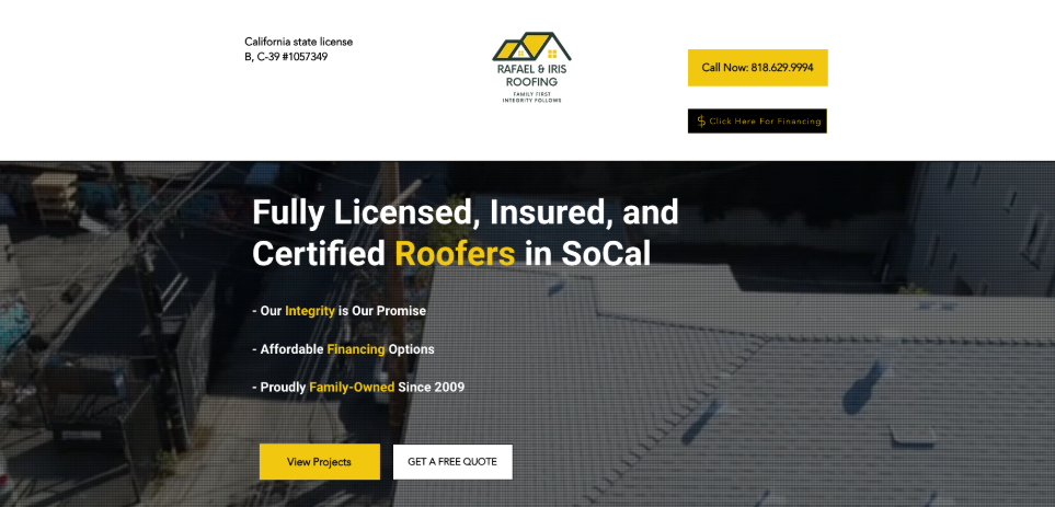 Rafael And Iris Roofing website homepage. 