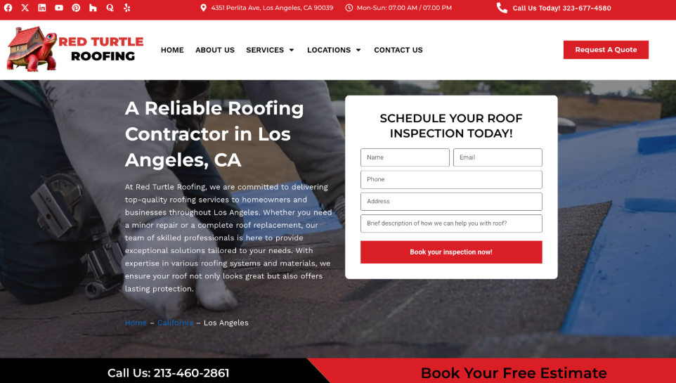 Red Turtle Roofing of Los Angeles website homepage. 