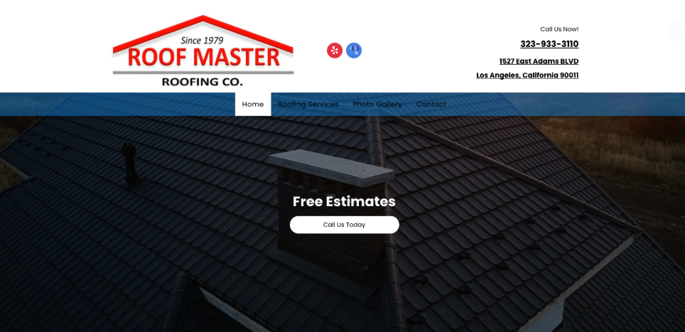 Roof Master Roofing Co. website homepage. 