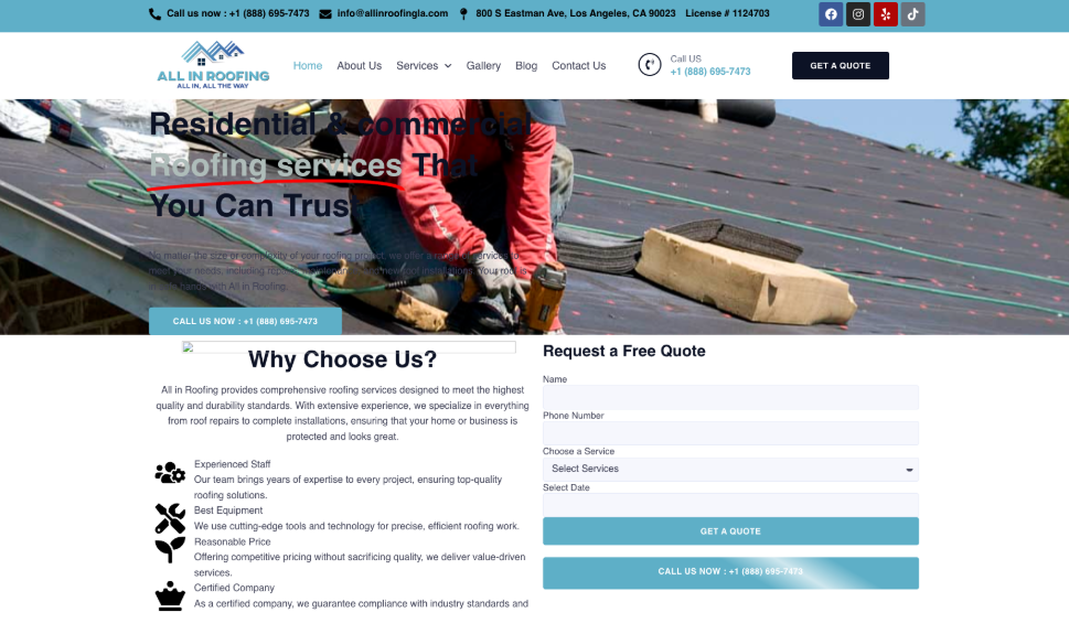 All In Roofing website homepage. 