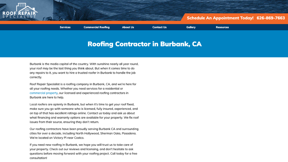 Roof Repair Specialist website homepage. 