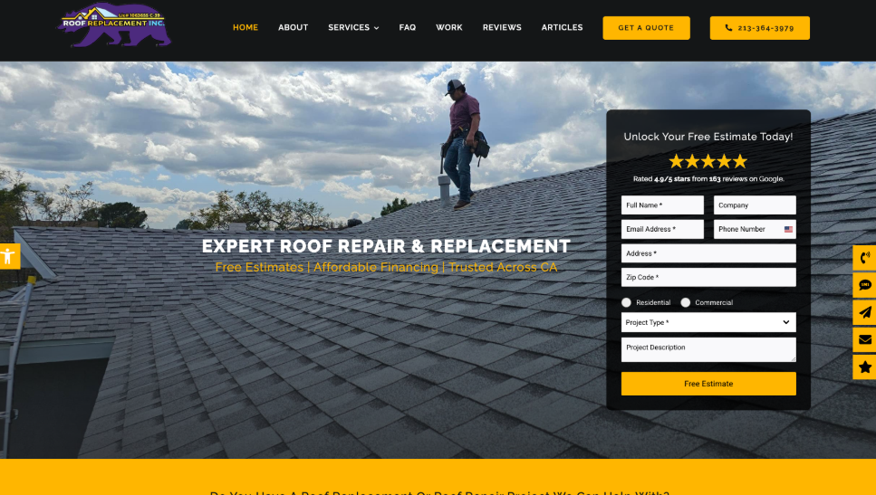 Roof Replacement Inc. website homepage. 