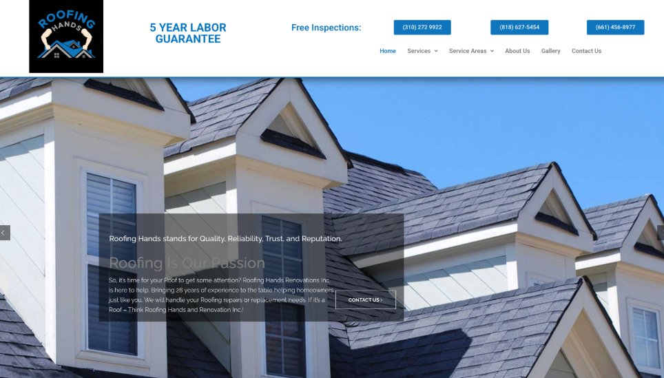 Roofing Hands Renovations inc website homepage. 