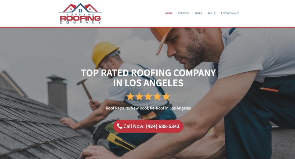 Supreme Roofing Company website homepage. 