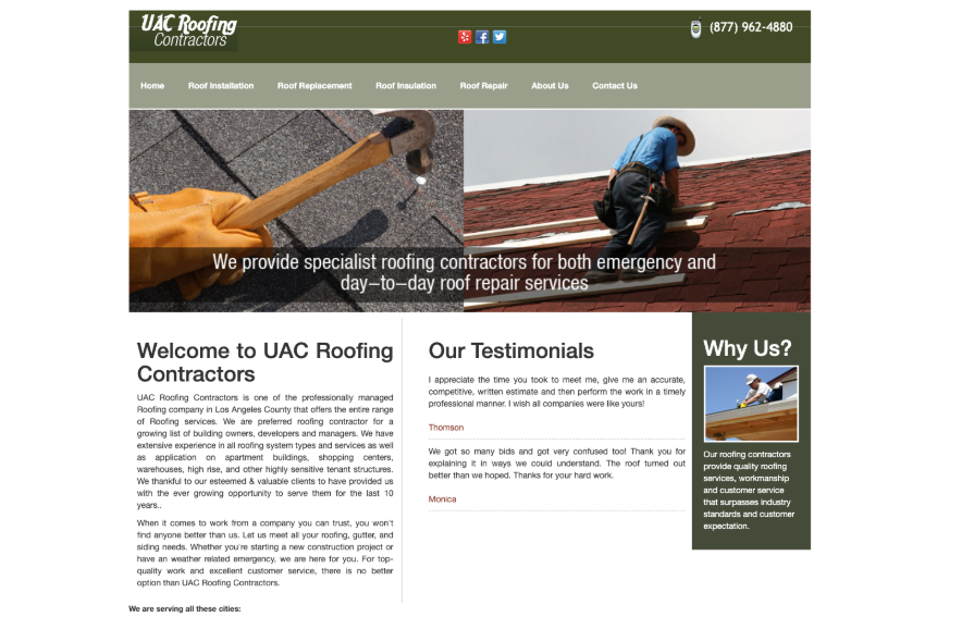 UAC Roofing Contractors website homepage. 