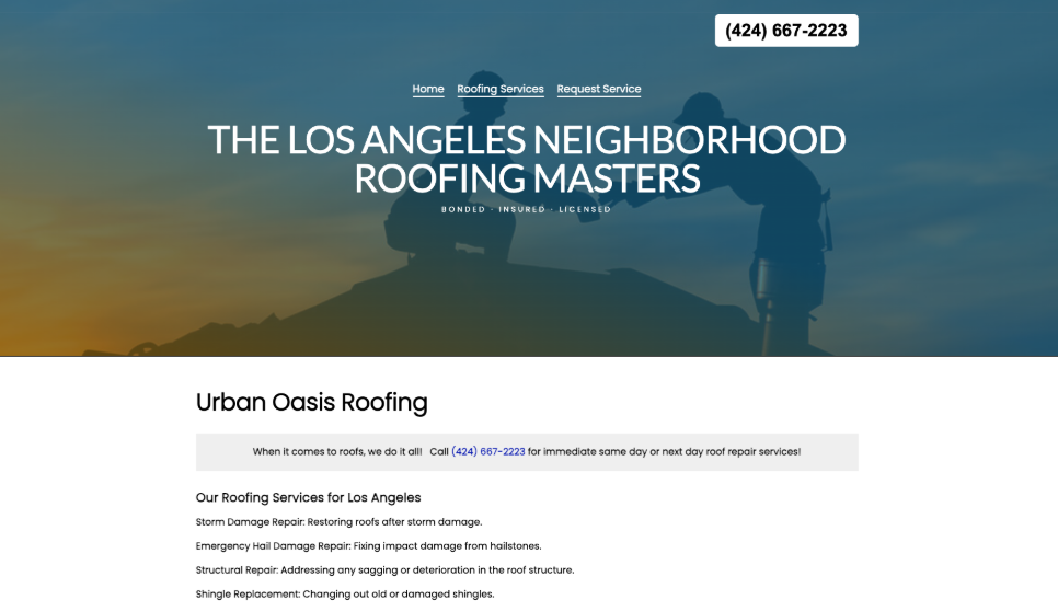 Urban Oasis Roofing website homepage. 