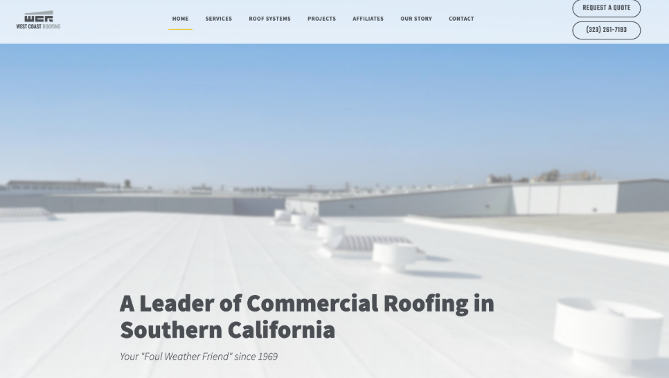 West Coast Roofing Company website homepage. 