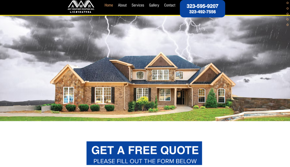 Any Weather Roofing Inc. website homepage. 