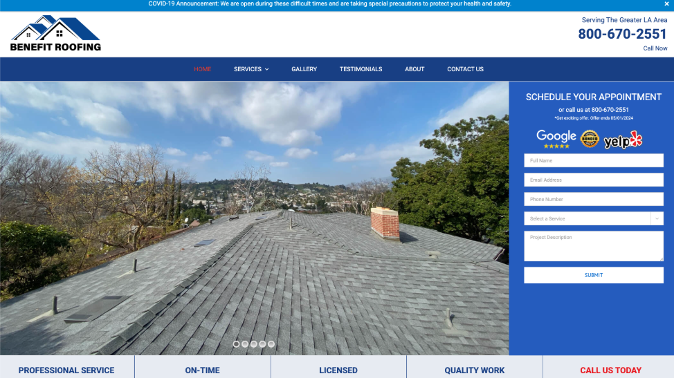 Benefit Roofing website homepage. 
