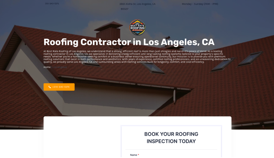 Best Rate Roofing of Los Angeles website homepage. 