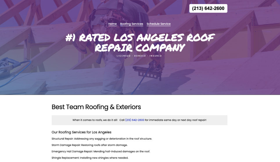 Best Team Roofing & Exteriors website homepage. 