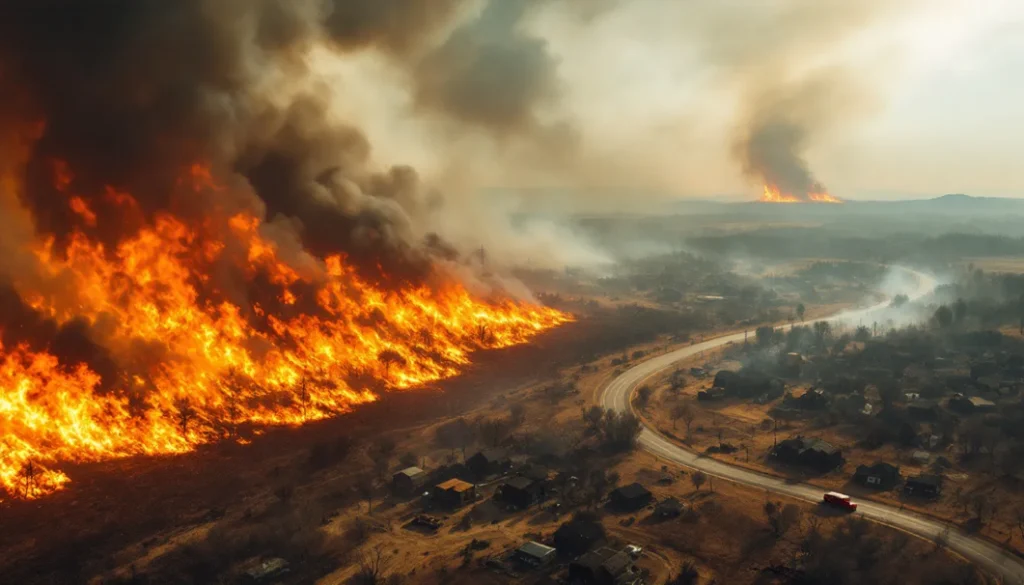 A wildfire approaching a street and homes.