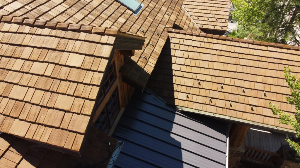 Drone photograph of a home with a CEDUR fire resistant roof in the Rocky Mountains.