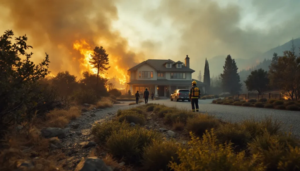 Home protected by a CeDUR synthetic shingle roof as a wildfire burns nearby.