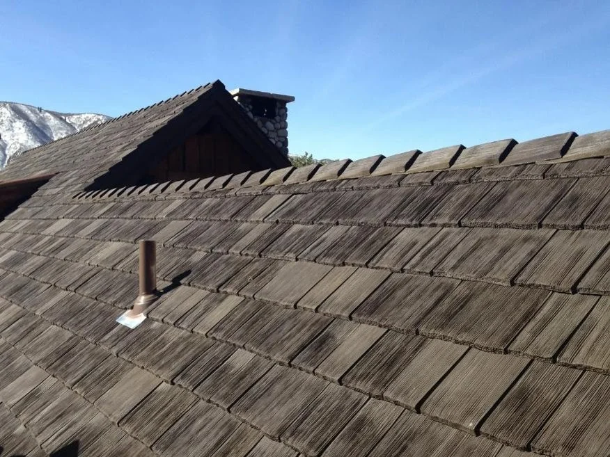Brown CEDUR Walden roof in Snowmass, Colorado, with timber framing and snowy landscape, installed by Horn Brothers Roofing