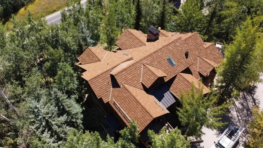 Aerial view of the roof of a house. 