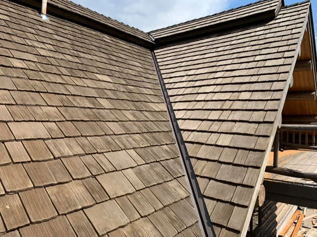Brown synthetic roof on Denver home with classic architecture