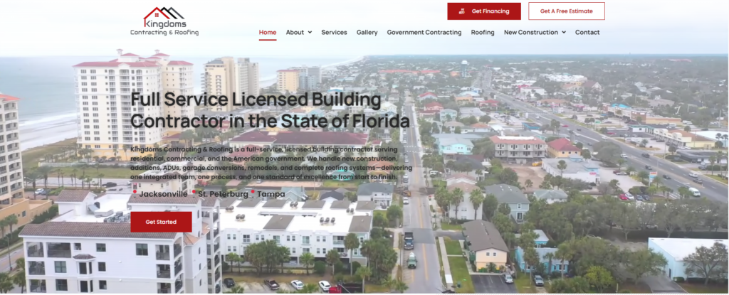 Kingdom’s Contracting & Roofing homepage.
