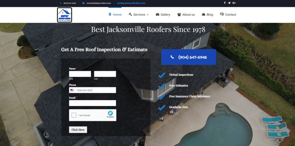 PC Roofing Contractors homepage.