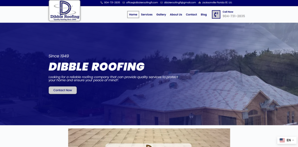 Dibble Roofing homepage.