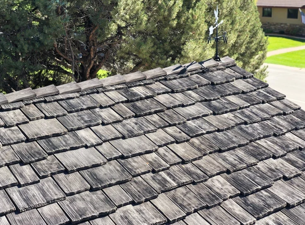 Weathered wood shake roof on a residential home.