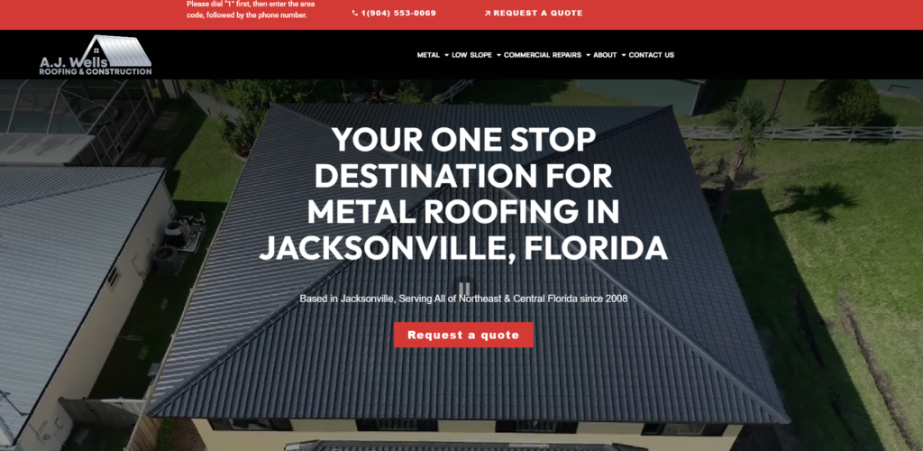 A. J. Wells Roofing & Construction homepage.