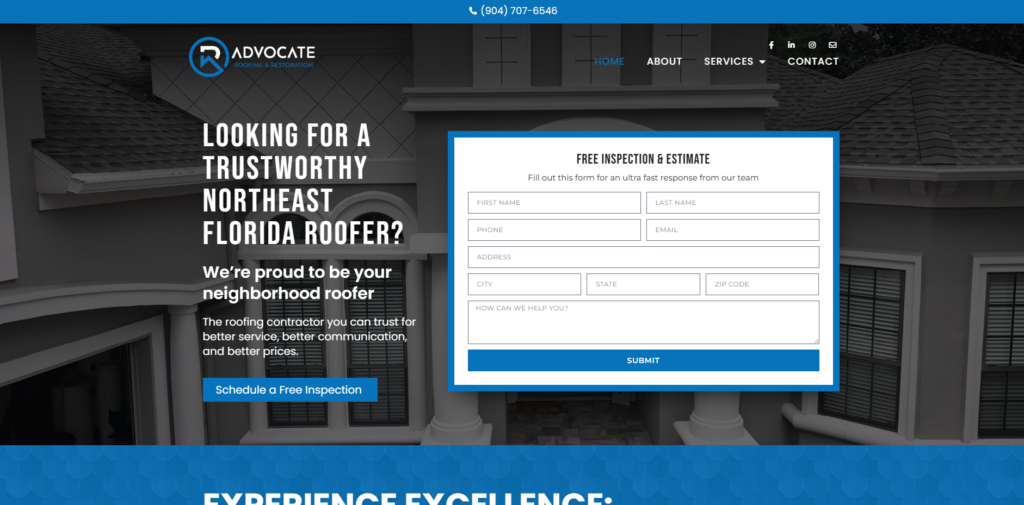 Advocate Roofing and Restoration homepage.