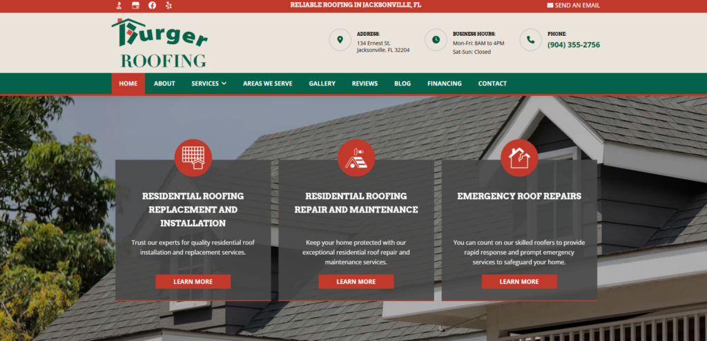 Burger Roofing Co. homepage.