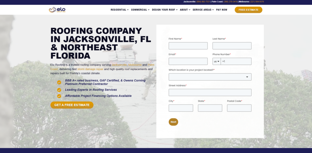 Elo Roofing homepage.